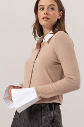 Collared Contrast Button Down Crop Knit Cardigan HYFVE